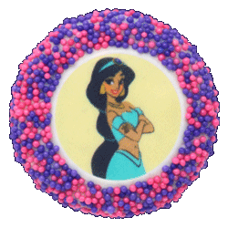 Looping image showcasing four cookie designs; Princess Jazmine, Arial, Pua, Tangled.